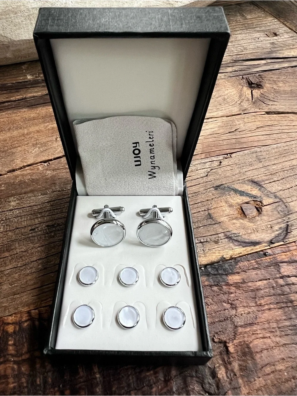 Men's Silver and White Cufflinks & Stud Set mother of pearl